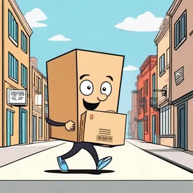 The cartoon character carries a large box to convey it to another part of the city.