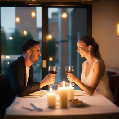 The man conveys his girlfriend to a romantic dinner by surprising her with a candlelit table at their favorite restaurant.