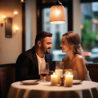 The man conveys his girlfriend to a romantic dinner by surprising her with a candlelit table at their favorite restaurant.