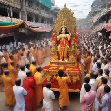 The devotees convey the statue of the deity in a grand procession during the religious festival.