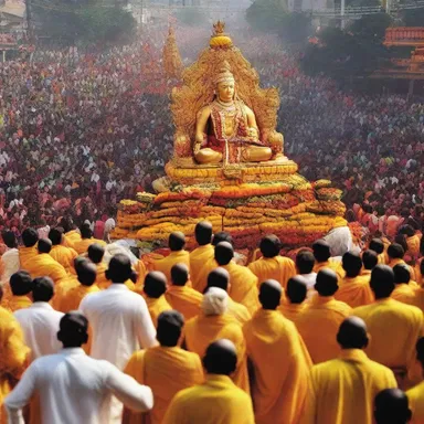 The devotees convey the statue of the deity in a grand procession during the religious festival.