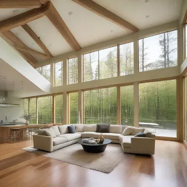 The large windows and open floor plan convey a sense of spaciousness and lightness.