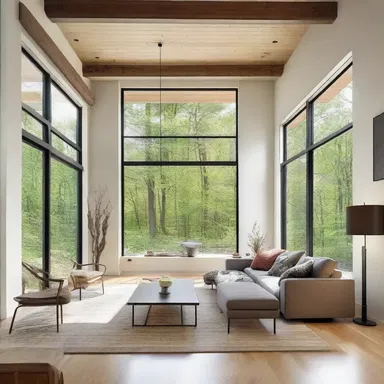 The large windows and open floor plan convey a sense of spaciousness and lightness.