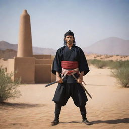 Samurai warrior set against a picturesque Libyan backdrop with traditional architecture and desert landscapes.