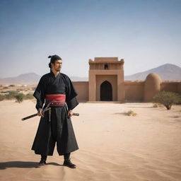 Samurai warrior set against a picturesque Libyan backdrop with traditional architecture and desert landscapes.