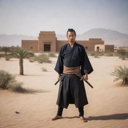 Samurai warrior set against a picturesque Libyan backdrop with traditional architecture and desert landscapes.