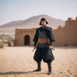 Samurai warrior set against a picturesque Libyan backdrop with traditional architecture and desert landscapes.