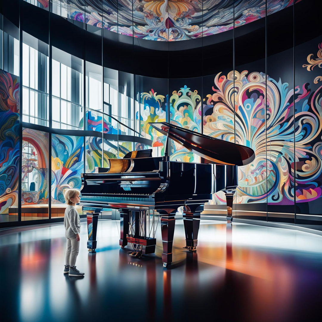 A grand Steinway piano in a futuristic museum with a child pointing at it in awe. The walls are adorned with animated digital rococo art.