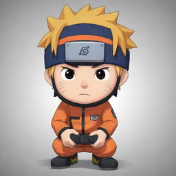 Generate a chibi-style image of the anime character Naruto intently playing a video game