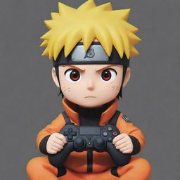 Generate a chibi-style image of the anime character Naruto intently playing a video game