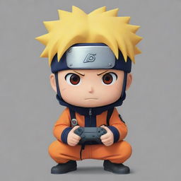 Generate a chibi-style image of the anime character Naruto intently playing a video game