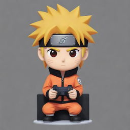 Generate a chibi-style image of the anime character Naruto intently playing a video game