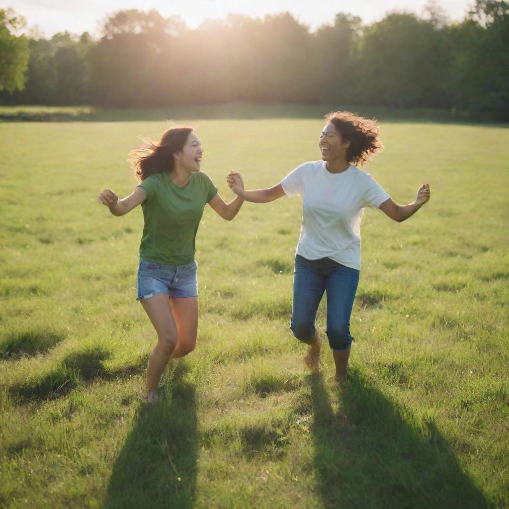 A vibrant, lush green field bathed in sunlight, with two people joyfully engaging in a game. Their laughter echoes, creating a picturesque moment of playful camaraderie.