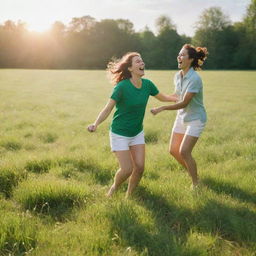 A vibrant, lush green field bathed in sunlight, with two people joyfully engaging in a game. Their laughter echoes, creating a picturesque moment of playful camaraderie.