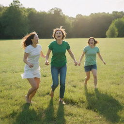 A vibrant, lush green field bathed in sunlight, with two people joyfully engaging in a game. Their laughter echoes, creating a picturesque moment of playful camaraderie.