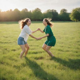 A vibrant, lush green field bathed in sunlight, with two people joyfully engaging in a game. Their laughter echoes, creating a picturesque moment of playful camaraderie.