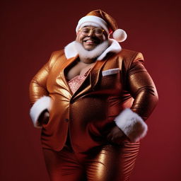 A jolly, rotund Santa, who is a white man, dressed in glamorous and flashy drag attire, radiating sassy confidence.