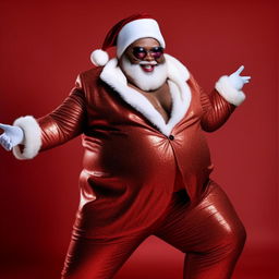 A jolly, rotund Santa, who is a white man, dressed in glamorous and flashy drag attire, radiating sassy confidence.