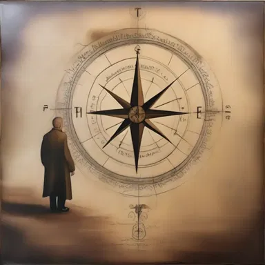 The painting depicted a lone figure standing at a compass point, symbolizing a journey towards self-discovery.