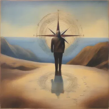 The painting depicted a lone figure standing at a compass point, symbolizing a journey towards self-discovery.