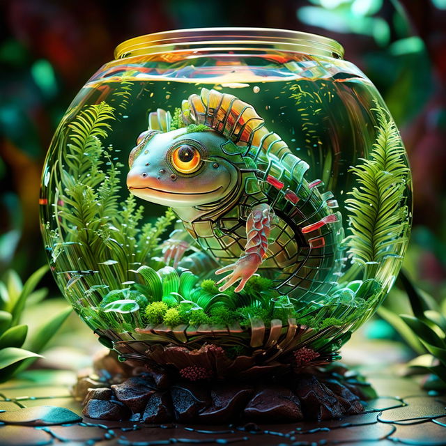 A cyber-organic axolotl in a fishbowl, with vibrant colors and detailed mechanical and plant-based components visible through its translucent glass skin.