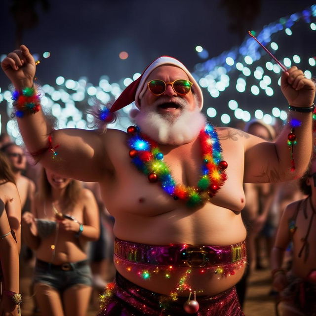 A shirtless, plump Santa Claus at Coachella, energetically dancing and raving while gleefully waving vibrant glowsticks in both hands, embodying pure joy.