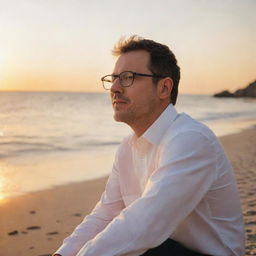 A man wearing spectacles sitting on the edge of a beach, with the sun setting in the background, illuminating the scene with warm hues.