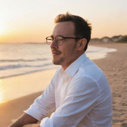 A man wearing spectacles sitting on the edge of a beach, with the sun setting in the background, illuminating the scene with warm hues.