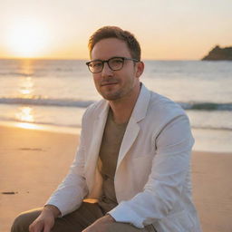 A man wearing spectacles sitting on the edge of a beach, with the sun setting in the background, illuminating the scene with warm hues.