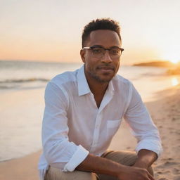 A man wearing spectacles sitting on the edge of a beach, with the sun setting in the background, illuminating the scene with warm hues.