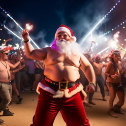 A shirtless, plump Santa Claus at Coachella, energetically dancing and raving while gleefully waving vibrant glowsticks in both hands, embodying pure joy.