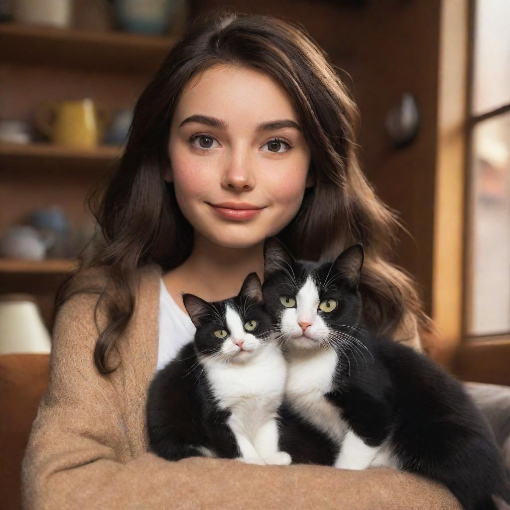 Disney Pixar style image of a brunette girl with her black and white cat in a cozy setting