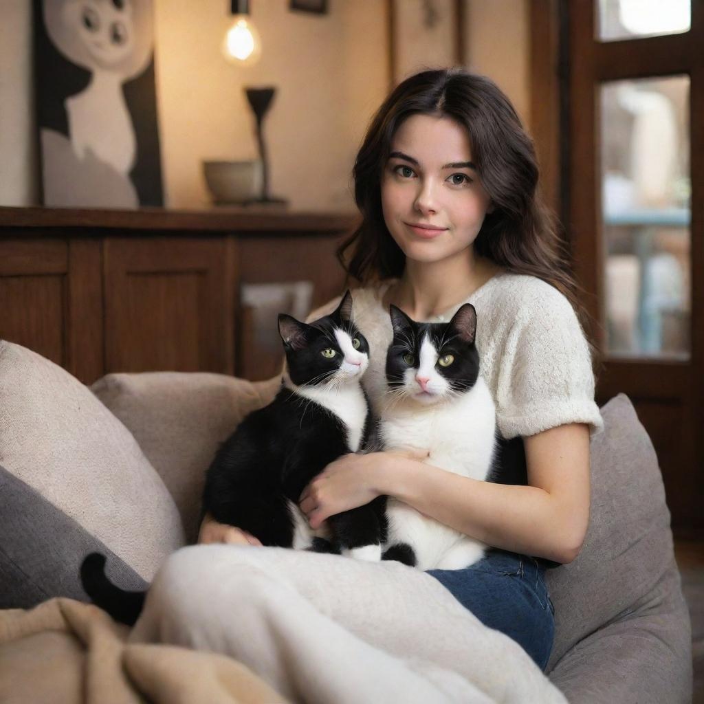 Disney Pixar style image of a brunette girl with her black and white cat in a cozy setting