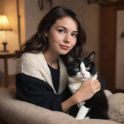 Disney Pixar style image of a brunette girl with her black and white cat in a cozy setting