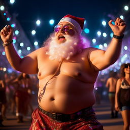 A shirtless, plump Santa Claus at Coachella, energetically dancing and raving while gleefully waving vibrant glowsticks in both hands, embodying pure joy.