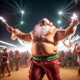 A shirtless, plump Santa Claus at Coachella, energetically dancing and raving while gleefully waving vibrant glowsticks in both hands, embodying pure joy.