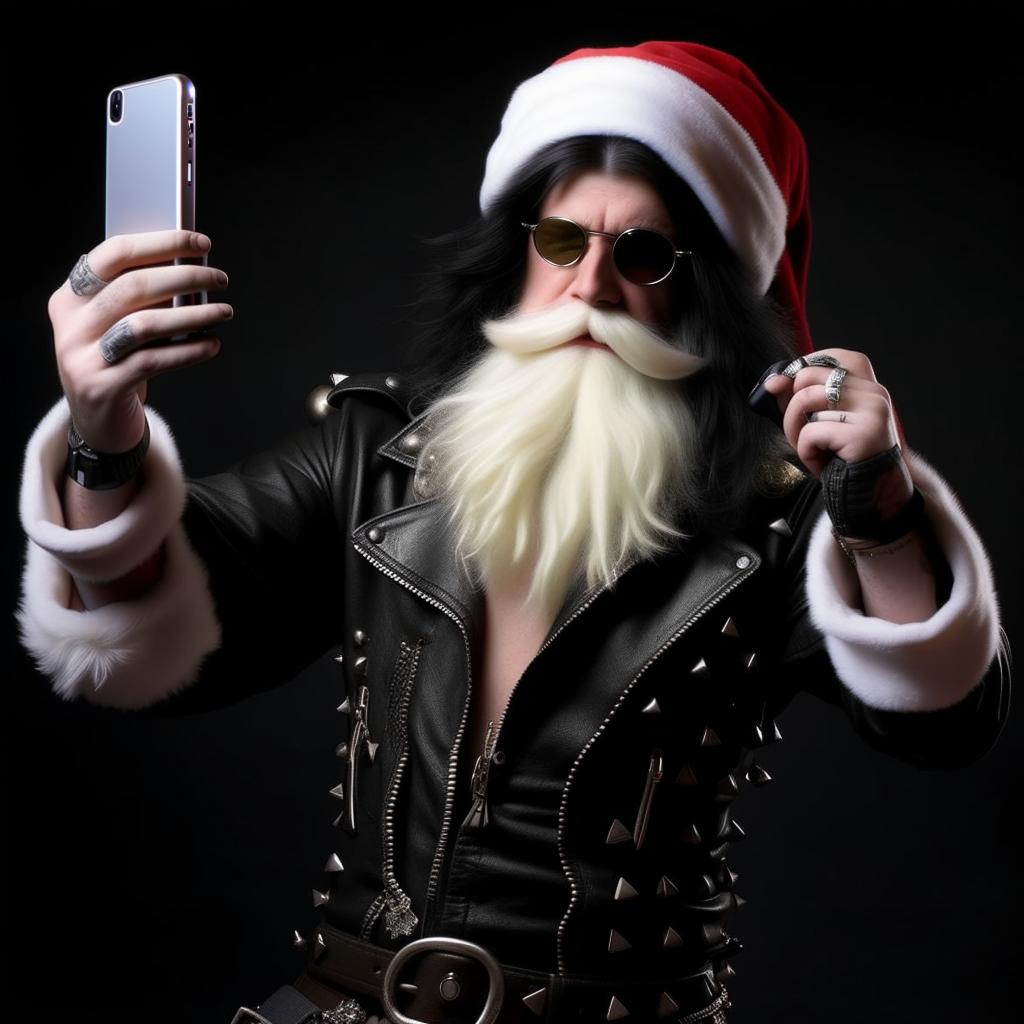 Santa Claus taking a selfie, adorned in classic 2004 emo fashion, with heavy eyeliner, jet black hair, and perhaps a studded belt and band t-shirt.