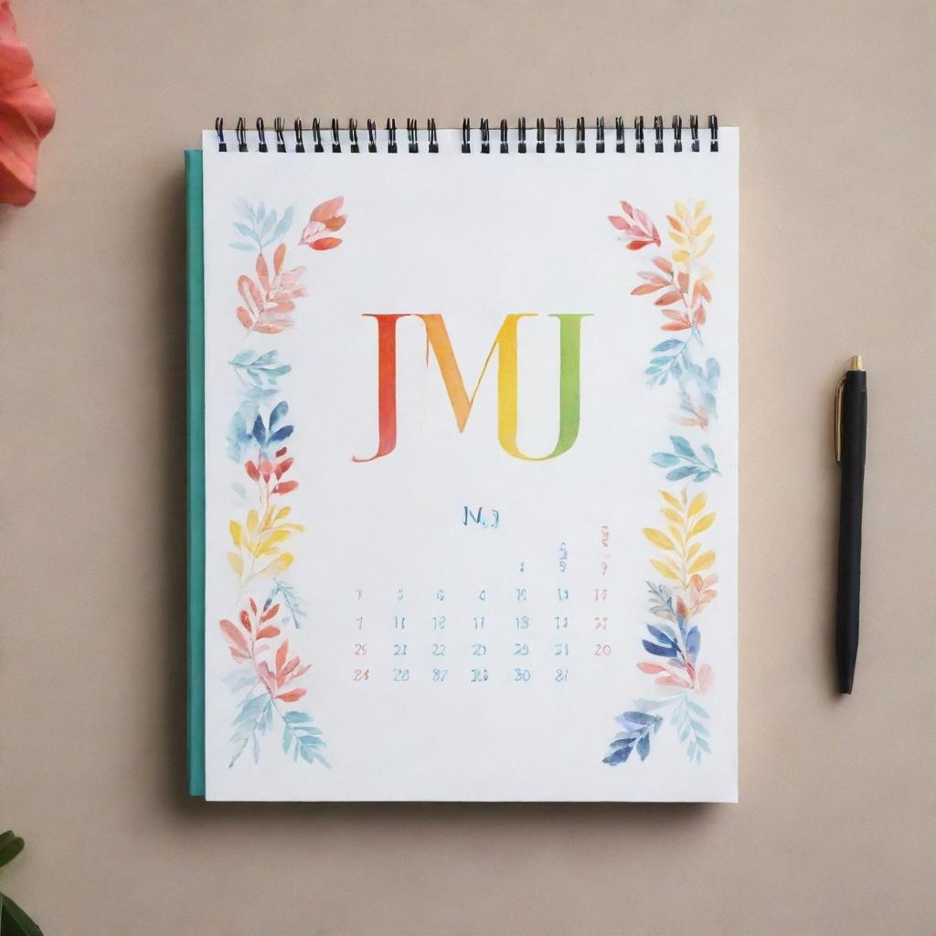 A colorful and modern calendar with the initials 'MJ' elegantly written on the cover