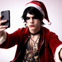 Santa Claus taking a selfie, adorned in classic 2004 emo fashion, with heavy eyeliner, jet black hair, and perhaps a studded belt and band t-shirt.