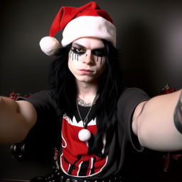 Santa Claus taking a selfie, adorned in classic 2004 emo fashion, with heavy eyeliner, jet black hair, and perhaps a studded belt and band t-shirt.