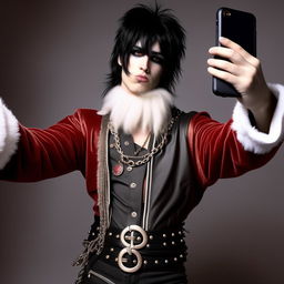 Santa Claus taking a selfie, adorned in classic 2004 emo fashion, with heavy eyeliner, jet black hair, and perhaps a studded belt and band t-shirt.