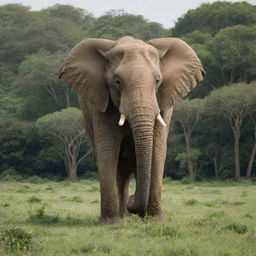 Elephant of colossal size, comparable to a house, standing in a lush, green landscape