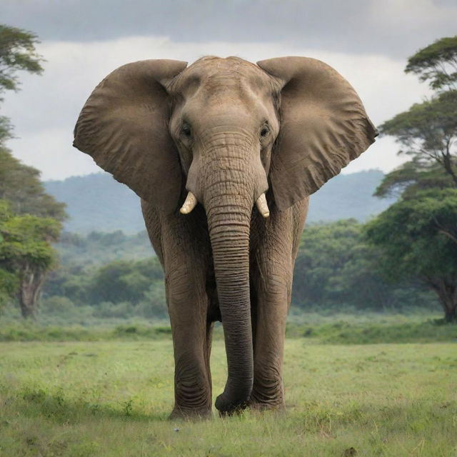 Elephant of colossal size, comparable to a house, standing in a lush, green landscape