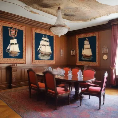 The grand mansion's interior design was adorned with beautiful tapestries depicting different ensigns from around the world, showcasing the owner's love for maritime history.