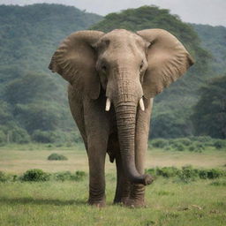 Elephant of colossal size, comparable to a house, standing in a lush, green landscape