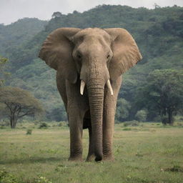 Elephant of colossal size, comparable to a house, standing in a lush, green landscape