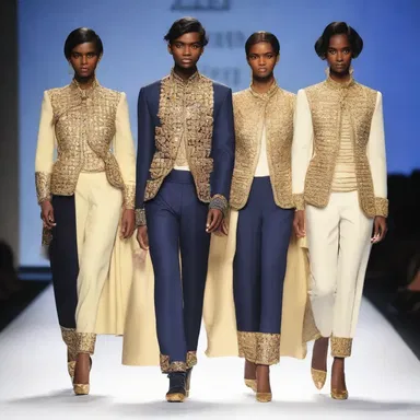 The designer collection showcased a unique ensemble inspired by the attire of a naval ensign, with blue and gold accents.
