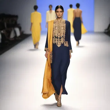 The designer collection showcased a unique ensemble inspired by the attire of a naval ensign, with blue and gold accents.