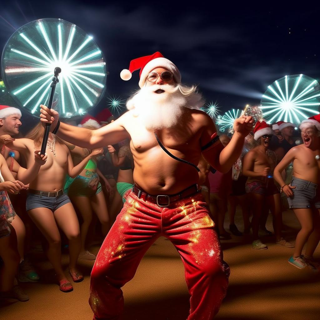 A ridiculously jolly, shirtless Santa Claus at Coachella. He's wildly raving, ecstatically dancing amidst an abundance of vibrant, radiant glowsticks. His uncontainable joy is infectious and he's truly having the time of his life.