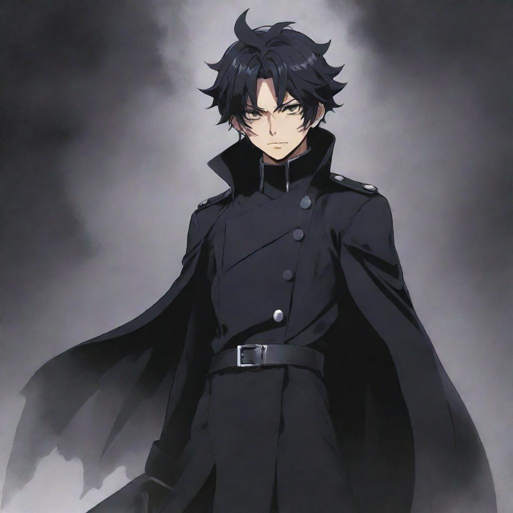 Detailed illustration of Asuramaru, a demon character from the Seraph of the End manga, wearing his iconic black uniform intertwining with shadowy mist.